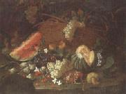 unknow artist Still life of a watermelon,red and white grapes,figs,cherries,mushrooms,a melon,and a basket with vine-leaves,upon a ledge china oil painting artist